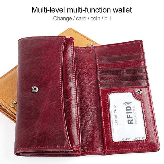 3559 Antimagnetic RFID Multi-function Zipper Retro Top-grain Leather Lady Purse Wallet (Blue)