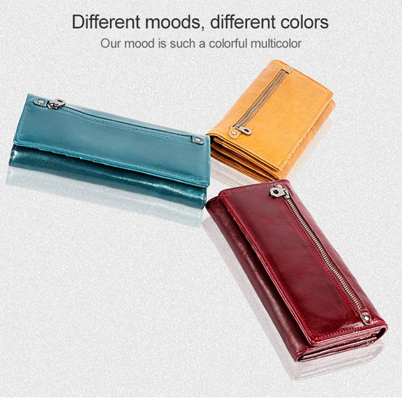 3559 Antimagnetic RFID Multi-function Zipper Retro Top-grain Leather Lady Purse Wallet (Wine Red)