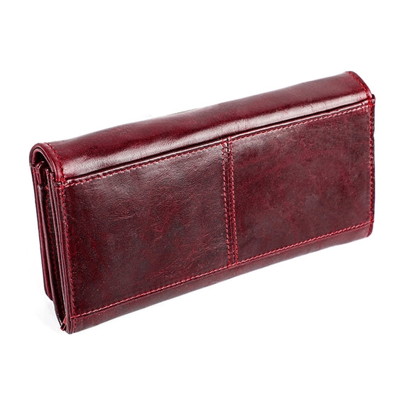 3559 Antimagnetic RFID Multi-function Zipper Retro Top-grain Leather Lady Purse Wallet (Wine Red)