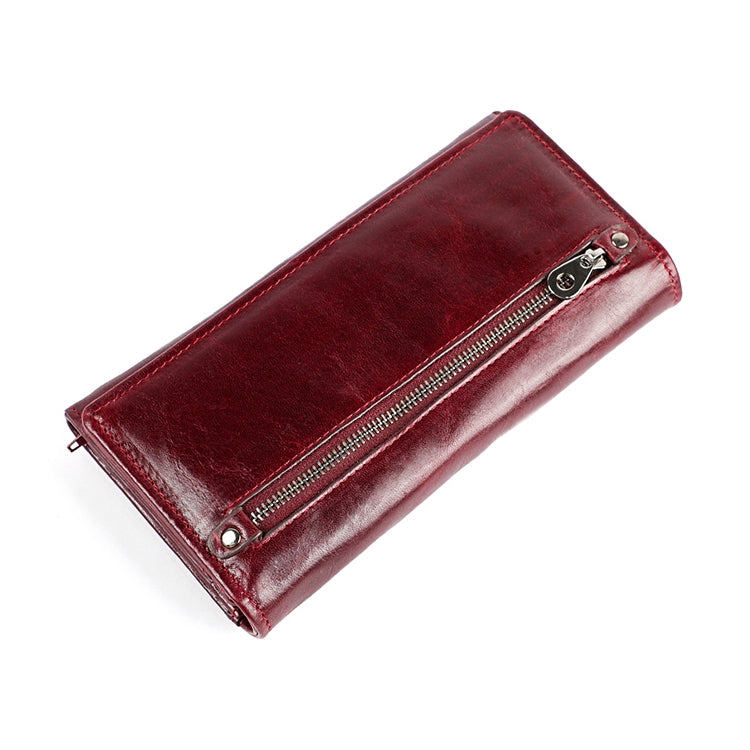 3559 Antimagnetic RFID Multi-function Zipper Retro Top-grain Leather Lady Purse Wallet (Wine Red)
