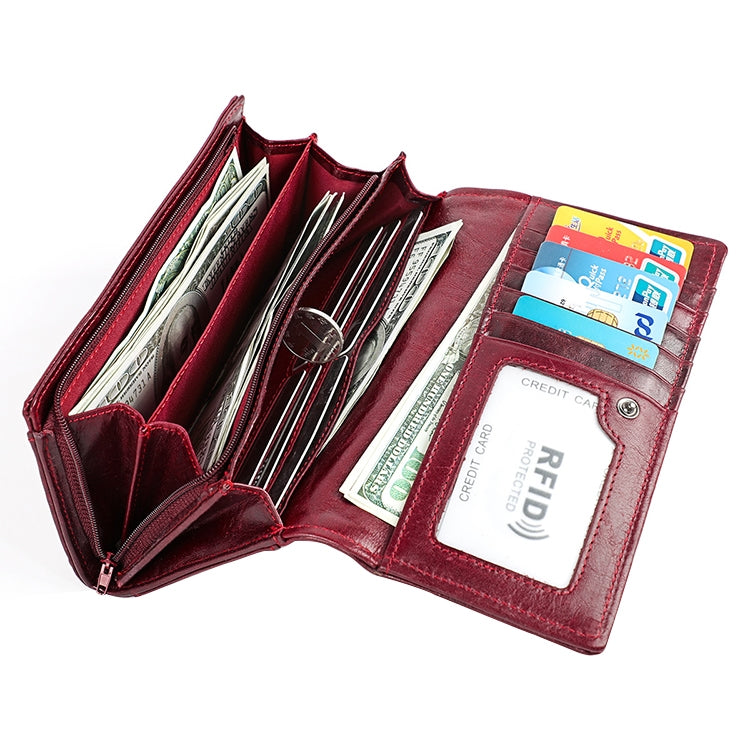 3559 Antimagnetic RFID Multi-function Zipper Retro Top-grain Leather Lady Purse Wallet (Wine Red)