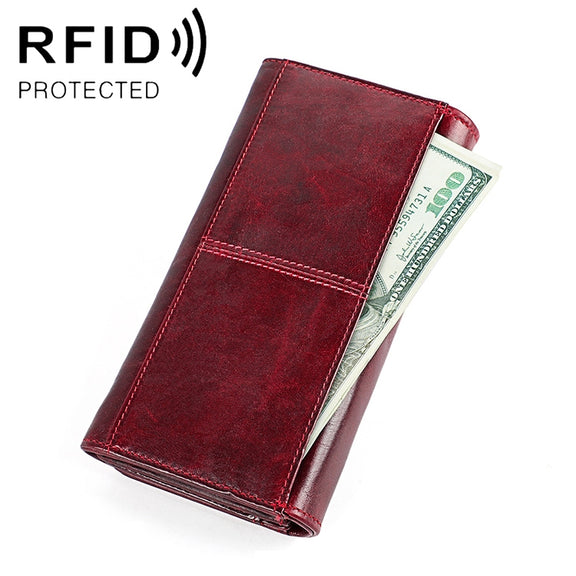 3559 Antimagnetic RFID Multi-function Zipper Retro Top-grain Leather Lady Purse Wallet (Wine Red)