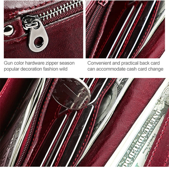 3559 Antimagnetic RFID Multi-function Zipper Retro Top-grain Leather Lady Purse Wallet (Wine Red)