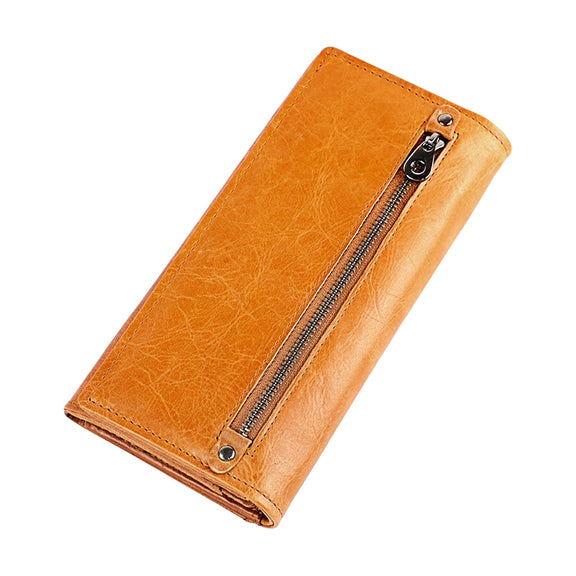 3559 Antimagnetic RFID Multi-function Zipper Retro Top-grain Leather Lady Purse Wallet (Yellowish-brown)