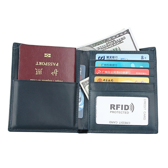 8235 Antimagnetic RFID Multi-function Crazy Horse Texture Leather Wallet Passport Bag(Blue)