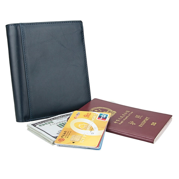 8235 Antimagnetic RFID Multi-function Crazy Horse Texture Leather Wallet Passport Bag(Blue)