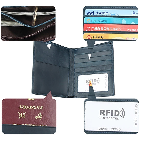 8235 Antimagnetic RFID Multi-function Crazy Horse Texture Leather Wallet Passport Bag(Blue)