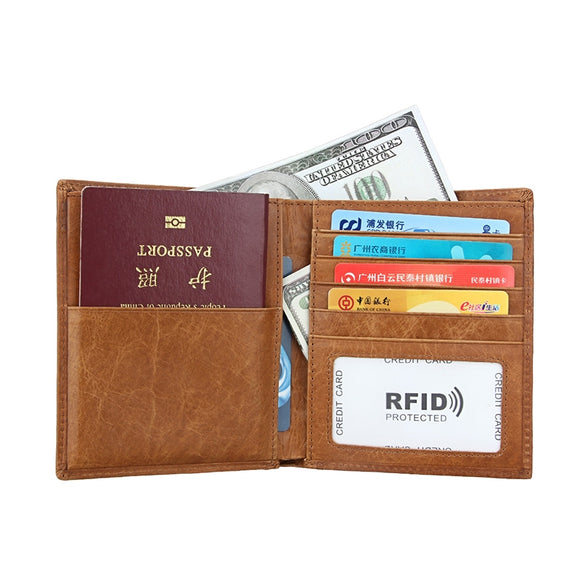 8235 Antimagnetic RFID Multi-function Crazy Horse Texture Leather Wallet Passport Bag(Yellowish-brown)