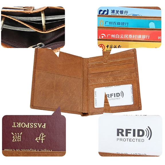 8235 Antimagnetic RFID Multi-function Crazy Horse Texture Leather Wallet Passport Bag(Yellowish-brown)