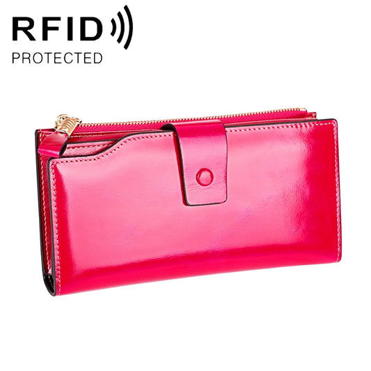 8236 Antimagnetic RFID Multi-function Oil Wax Leather Lady Wallet Large-capacity Purse (Rose Red) - free shipping - PMC Jewellery - Order now!
