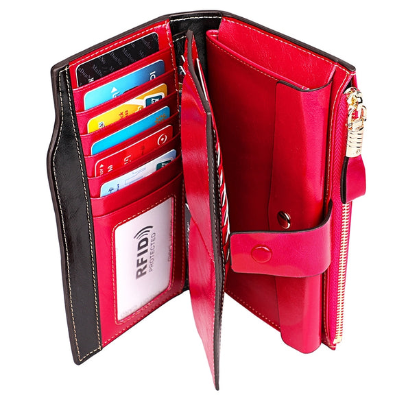 8236 Antimagnetic RFID Multi-function Oil Wax Leather Lady Wallet Large-capacity Purse (Rose Red)