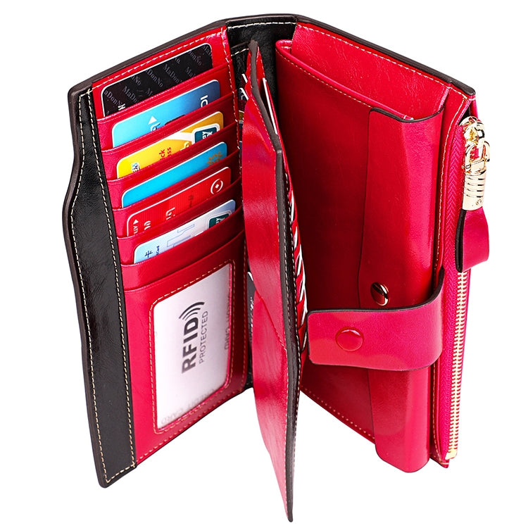 8236 Antimagnetic RFID Multi-function Oil Wax Leather Lady Wallet Large-capacity Purse (Rose Red)