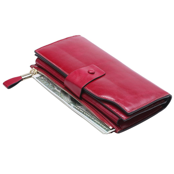 8236 Antimagnetic RFID Multi-function Oil Wax Leather Lady Wallet Large-capacity Purse (Red)