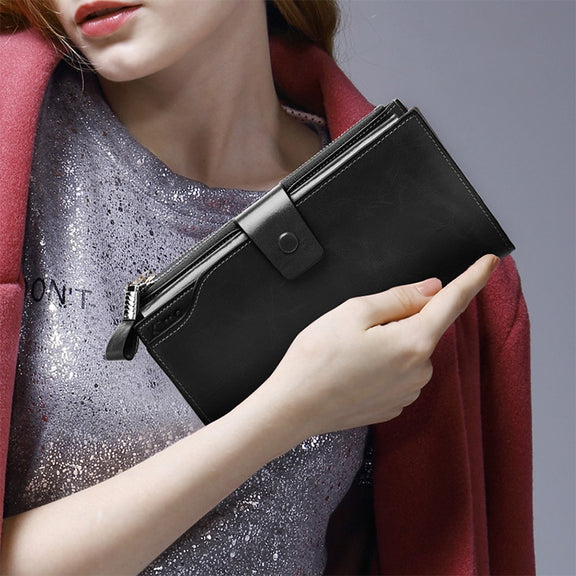 8236 Antimagnetic RFID Multi-function Oil Wax Leather Lady Wallet Large-capacity Purse (Red)