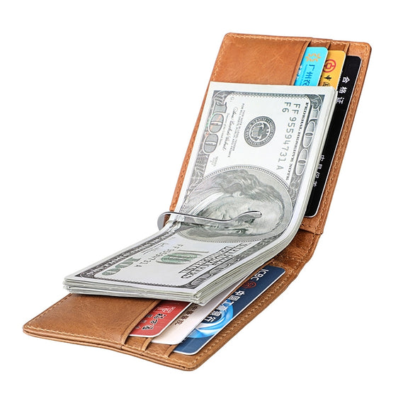 9037 Antimagnetic RFID Crazy Horse Texture Leather Wallet Billfold for Men and Women(Yellowish-brown)