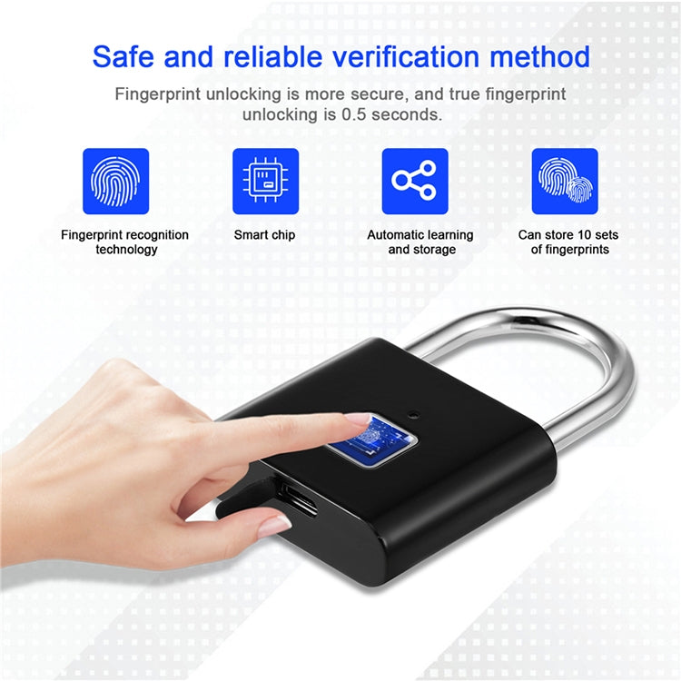 Stainless Steel Automatic Intelligent Fingerprint Padlock Electronic Lock, 10 Fingerprint Edition(Black)