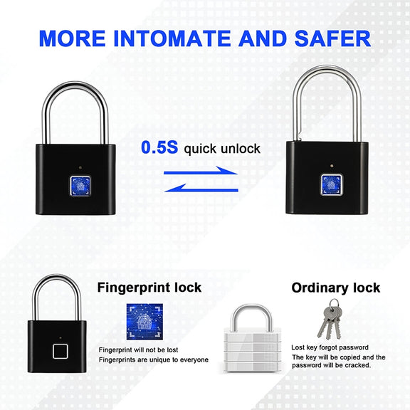 Stainless Steel Automatic Intelligent Fingerprint Padlock Electronic Lock, 10 Fingerprint Edition(Black)