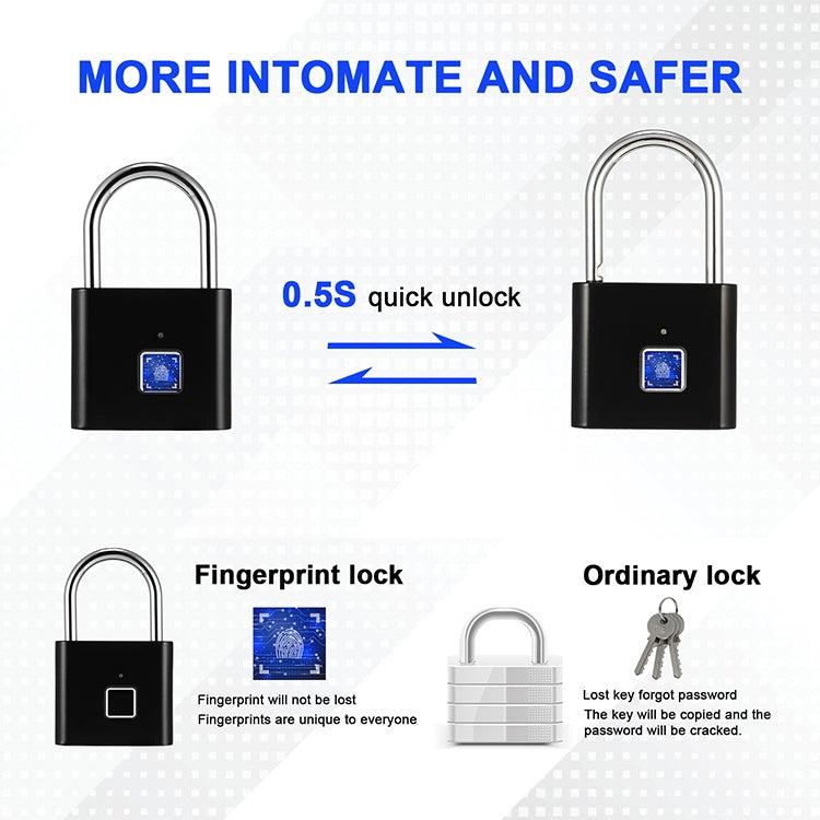 Stainless Steel Automatic Intelligent Fingerprint Padlock Electronic Lock, 10 Fingerprint Edition(Black)