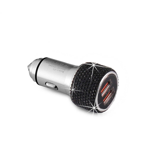 Car Diamond Aluminium Alloy QC3.0 Dual USB Quick Charger(Black)