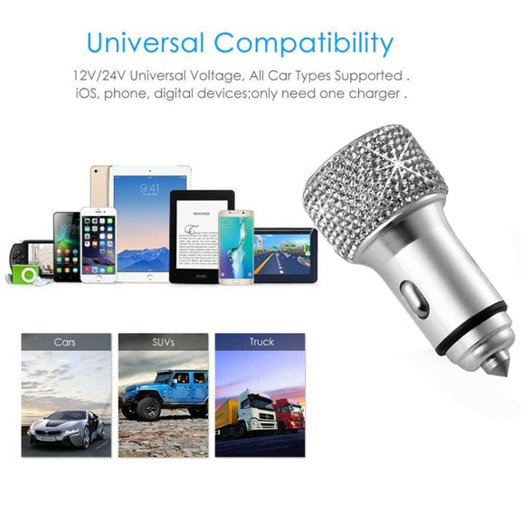 Car Diamond Aluminium Alloy QC3.0 Dual USB Quick Charger(White)