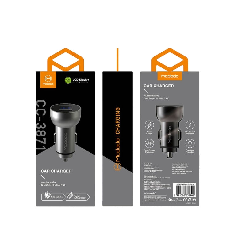 Mcdodo CC-3871 2-Ports USB LED Smart Digital Display Car Charger, For iPhone, iPad, Samsung, HTC, Sony, LG, Huawei, Lenovo, and other Smartphones or Tablet(Silver) - Car Charger by Mcdodo | Online Shopping South Africa | PMC Jewellery | Buy Now Pay Later Mobicred