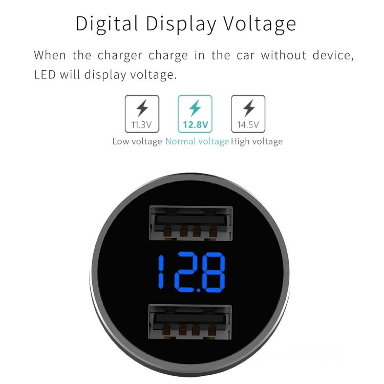 Mcdodo CC-3871 2-Ports USB LED Smart Digital Display Car Charger, For iPhone, iPad, Samsung, HTC, Sony, LG, Huawei, Lenovo, and other Smartphones or Tablet(Silver) - Car Charger by Mcdodo | Online Shopping South Africa | PMC Jewellery | Buy Now Pay Later Mobicred