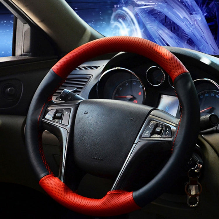 Car Genuine Leather Hand-stitched Adaptation Steering Wheel Cover, For Steering Wheel Size 37-38cm(Black)