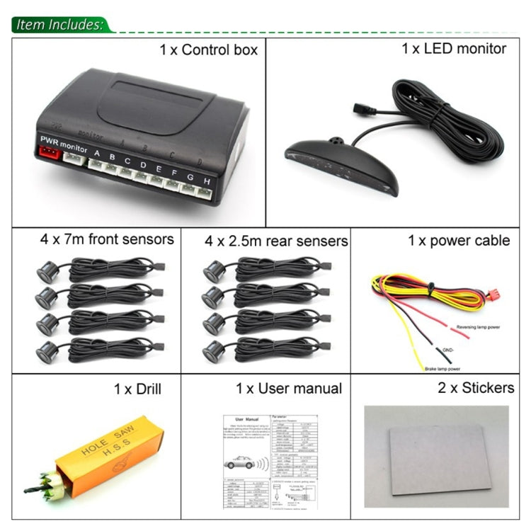 PZ-300-8 Car Parking Reversing Buzzer LED Monitor Parking Alarm Assistance System with 4*7m Front Sensors and 4*2.5m Rear Sensors - free shipping - PMC TechLife - Order now!