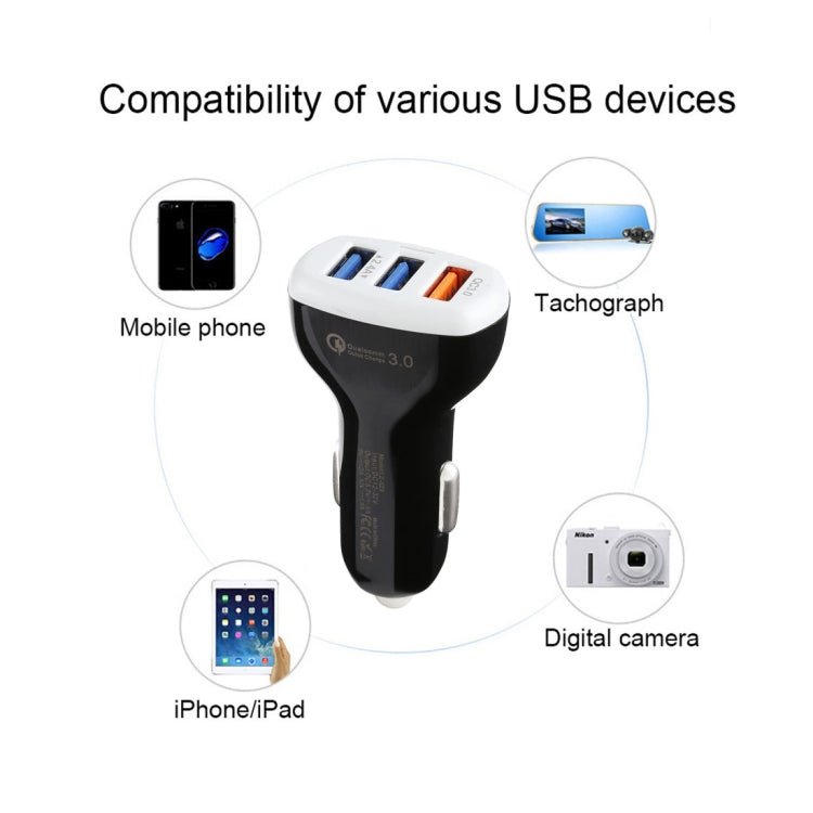 LZ-429 QC3.0 2.4A Three USB Ports Smart Quick Car Charger(Black)