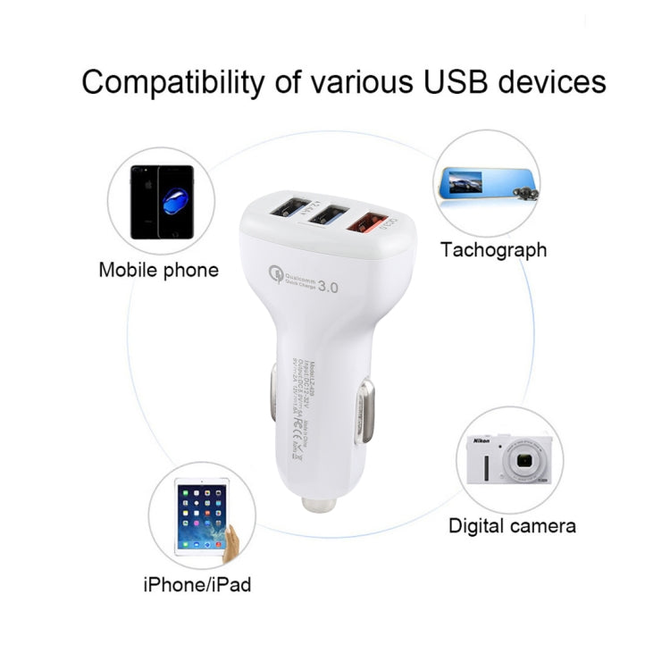 LZ-429 QC3.0 2.4A Three USB Ports Smart Quick Car Charger(White)