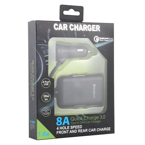HMQ-C801 1.8m 8A Max 4 Ports USB Car Charger with Extending USB HUB for Front & Back Seat Charging (Black)