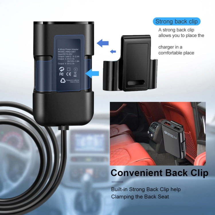 HMQ-C801 1.8m 8A Max 4 Ports USB Car Charger with Extending USB HUB for Front & Back Seat Charging (Black) - Car Charger by PMC TechLife | Online Shopping South Africa | PMC TechLife