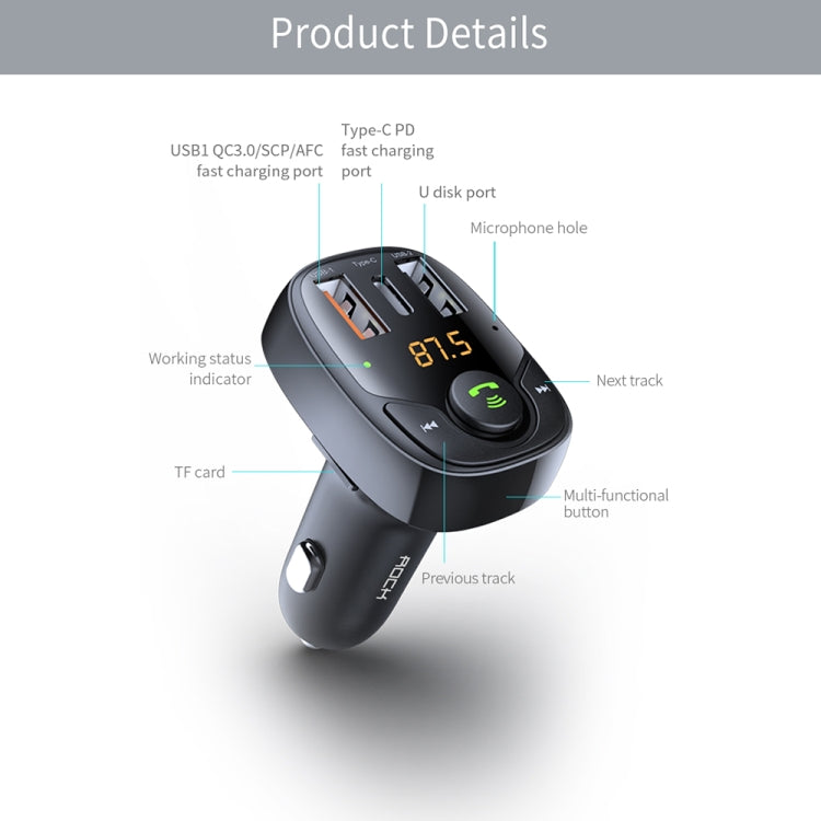 ROCK B301 Dual USB + PD Bluetooth 5.0 FM Transmitter & Car Charger, Support TF Card / U-disk(Black) - free shipping - PMC Jewellery - Order now!