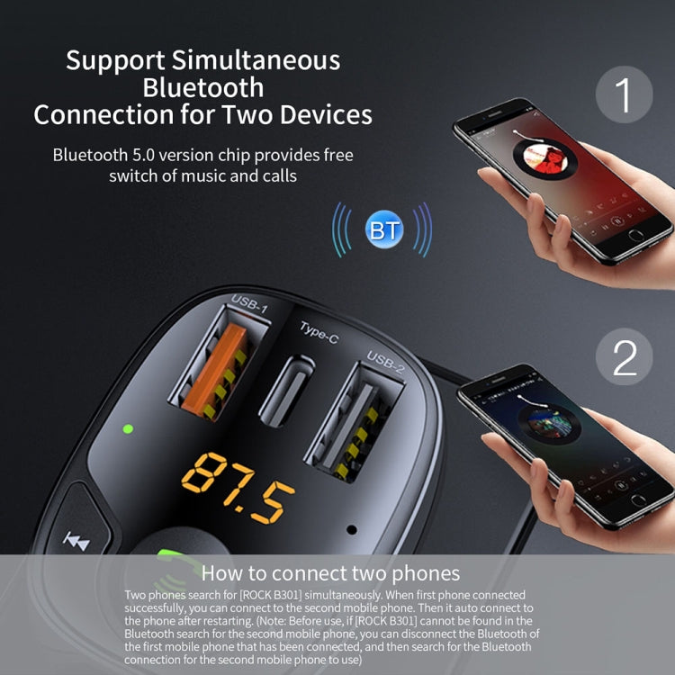 ROCK B301 Dual USB + PD Bluetooth 5.0 FM Transmitter & Car Charger, Support TF Card / U-disk(Black) - free shipping - PMC Jewellery - Order now!