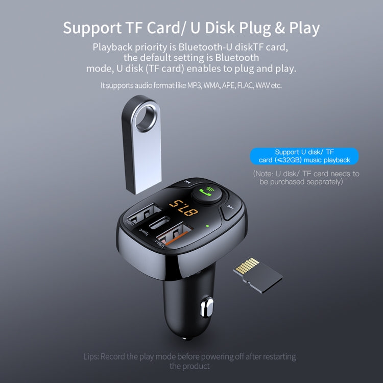 ROCK B301 Dual USB + PD Bluetooth 5.0 FM Transmitter & Car Charger, Support TF Card / U-disk(Black) - free shipping - PMC Jewellery - Order now!