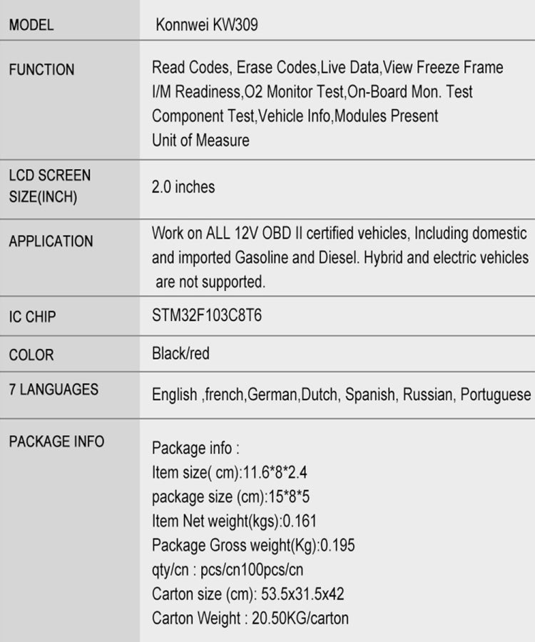 KONNWEI KW309 V309 V310 MS309 Code Reader OBD2 Scanner Diagnostic Tool(Black) - Code Readers & Scan Tools by KONNWEI | Online Shopping South Africa | PMC TechLife | Buy Now Pay Later Mobicred