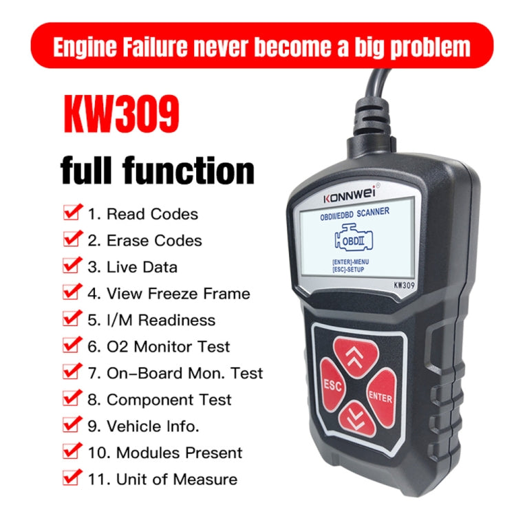 KONNWEI KW309 V309 V310 MS309 Code Reader OBD2 Scanner Diagnostic Tool(Black) - Code Readers & Scan Tools by KONNWEI | Online Shopping South Africa | PMC Jewellery | Buy Now Pay Later Mobicred