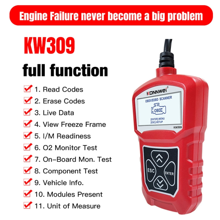 KONNWEI KW309 V309 V310 MS309 Code Reader OBD2 Scanner Diagnostic Tool(Red) - free shipping - PMC Jewellery - Order now!