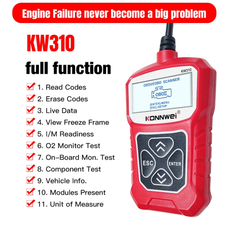 KONNWEI KW310 OBD Car Fault Detector Code Reader ELM327 OBD2 Scanner Diagnostic Tool(Red) - Code Readers & Scan Tools by KONNWEI | Online Shopping South Africa | PMC TechLife | Buy Now Pay Later Mobicred