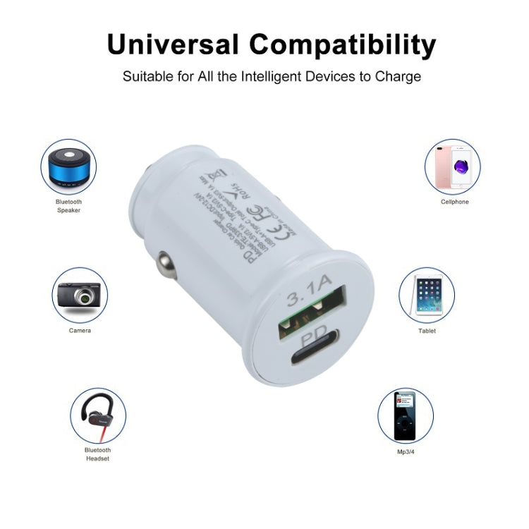 TE-339PD 3.1A PD USB-C / Type-C + USB Interface Mini Fast Charging Car Charger(White)