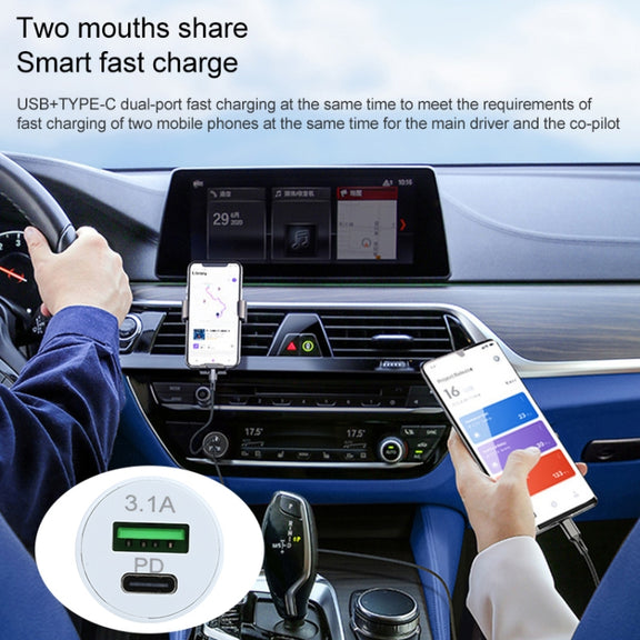 TE-339PD 3.1A PD USB-C / Type-C + USB Interface Mini Fast Charging Car Charger(White)