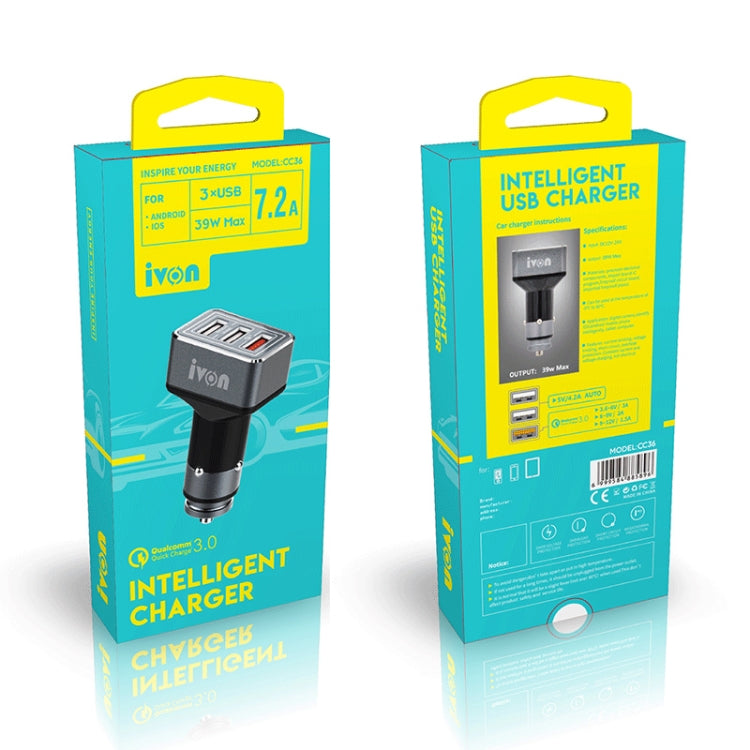 IVON CC36 39W 7.2A QC 3.0 USB + Dual USB Car Charger with Ambient Light - Car Charger by IVON | Online Shopping South Africa | PMC TechLife | Buy Now Pay Later Mobicred