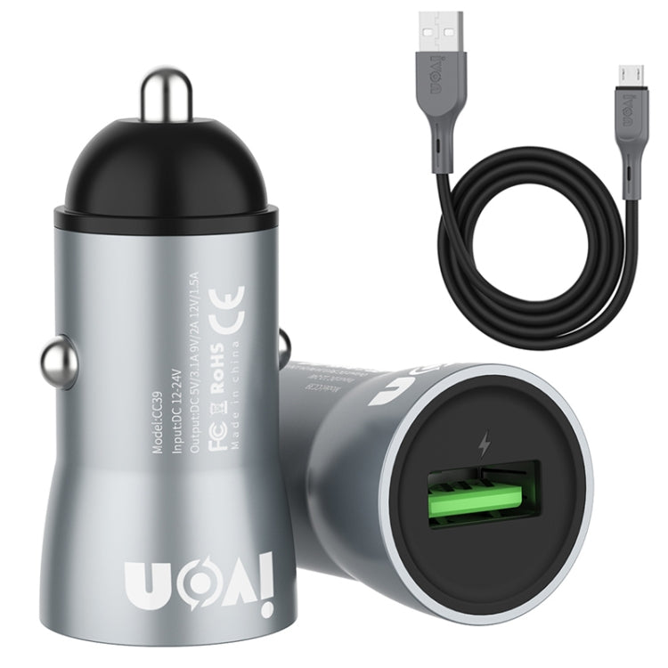 IVON CC39 18W 3.1A QC 3.0 USB Car Charger + 1m USB to Micro USB Fast Charge Data Cable Set - Car Charger by IVON | Online Shopping South Africa | PMC TechLife