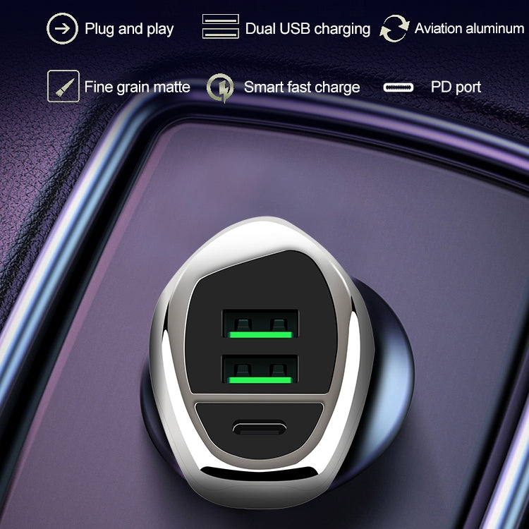 WLX-K1 QC3.0 Dual USB + Type-C Triple Car Charger (Silver)