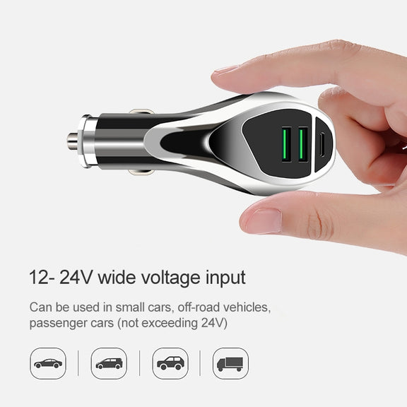 WLX-K1 QC3.0 Dual USB + Type-C Triple Car Charger (Silver)