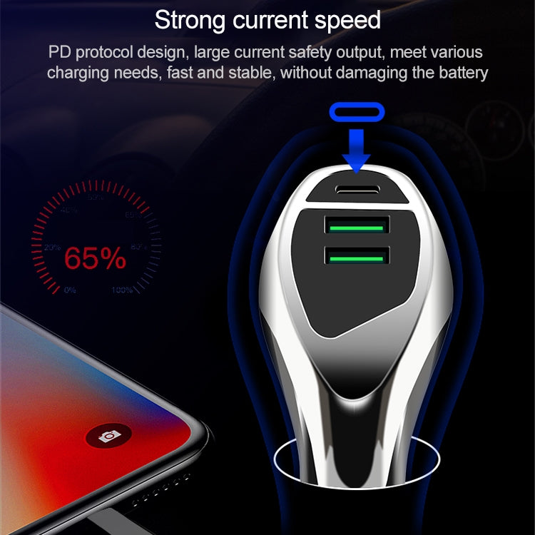 WLX-K1 QC3.0 Dual USB + Type-C Triple Car Charger (Silver)