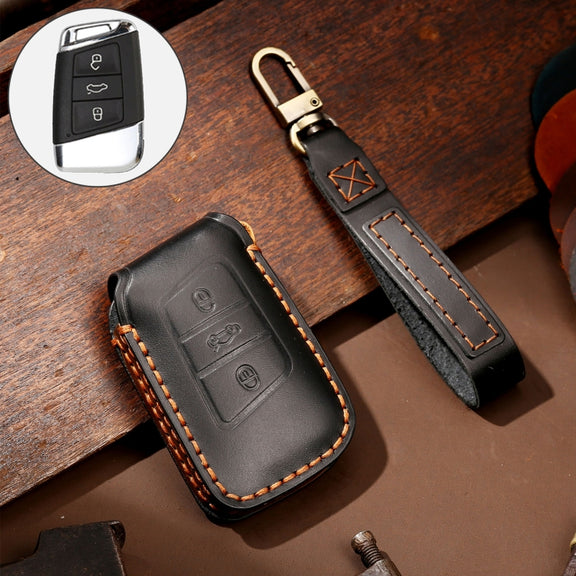 Hallmo Car Cowhide Leather Key Protective Cover Key Case for Volkswagen Lavida A Style(Black)
