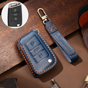 Hallmo Car Cowhide Leather Key Protective Cover Key Case for Volkswagen Lavida B Style(Blue)