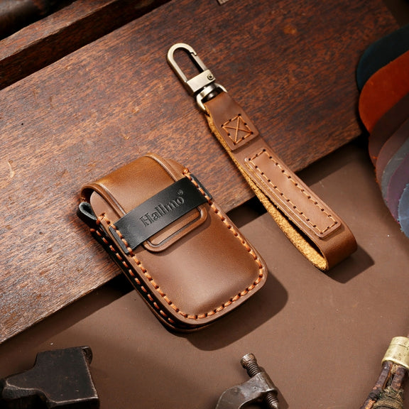Hallmo Car Cowhide Leather Key Protective Cover Key Case for Volkswagen Lavida B Style(Brown)