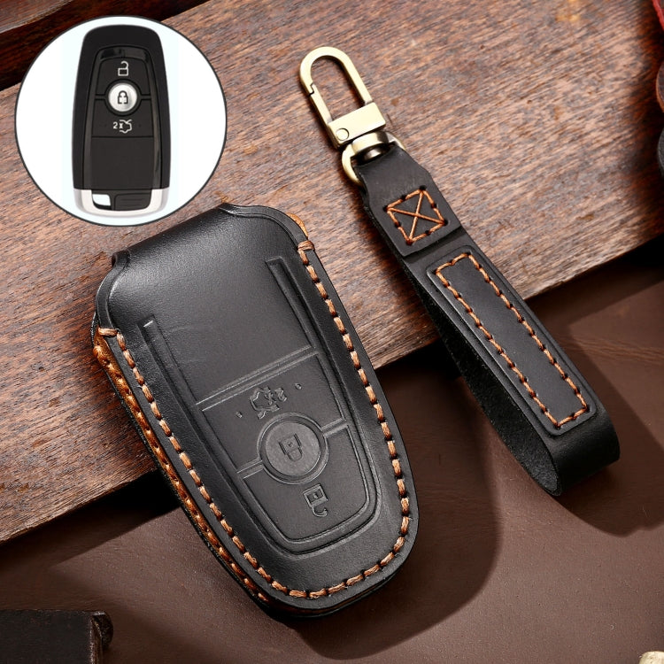 Hallmo Car Cowhide Leather Key Protective Cover Key Case for Ford Focus B Style(Black) - Car Key Cases by Hallmo | Online Shopping South Africa | PMC TechLife | Buy Now Pay Later Mobicred